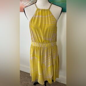 Spotlight By Warehouse All Silk Vibrant Yellow and Beige Striped Halter Dress 10